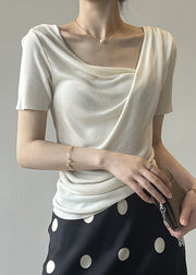 French Beige Asymmetrical Wrinkled Slim Fit Cotton T Shirts Summer