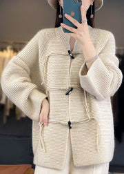 French Beige Button Cozy Woolen Knit Coats Fall