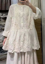 French Beige Button Lace Patchwork Cotton Shirt Long Sleeve