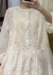 French Beige Button Lace Patchwork Cotton Shirt Long Sleeve