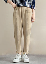 French Beige Elastic Waist Patchwork Cotton Harem Pants Spring