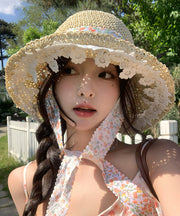 French Beige Flower Lace Hollow Out Straw Woven Sun Hat