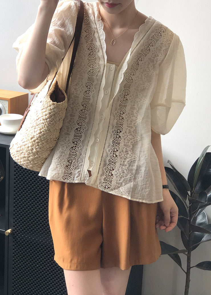 French Beige Hollow Out Embroidered Puff Sleeve Cotton Blouses