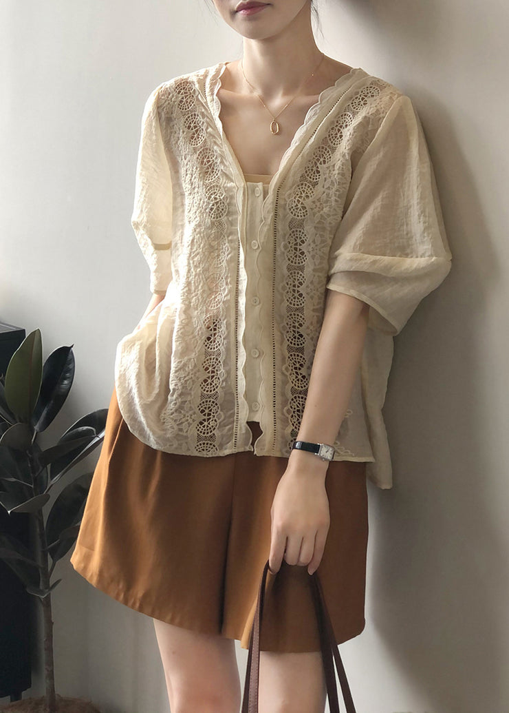 French Beige Hollow Out Embroidered Puff Sleeve Cotton Blouses