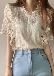 French Beige Hollow Out Patchwork Lace Top Summer