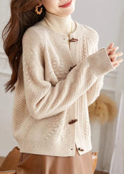 French Beige O Neck Button Cozy Knit Cardigan Fall