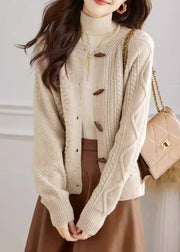 French Beige O Neck Button Cozy Knit Cardigan Fall