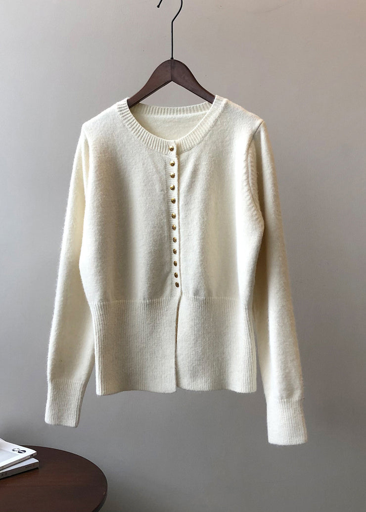 French Beige O Neck Button Knit Cardigan Top Fall