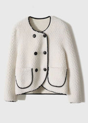 French Beige O Neck Pockets Patchwork Wool Coats Winter