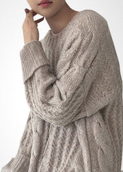 French Beige O-Neck Side Open Wool Cable Knit Long Sweater Winter