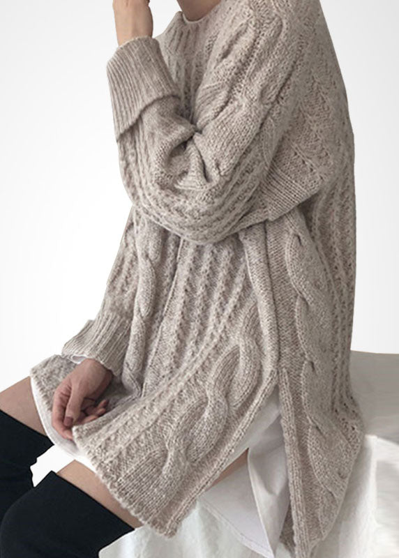 French Beige O-Neck Side Open Wool Cable Knit Long Sweater Winter