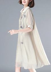 French Beige Peter Pan Collar Embroideried Button Long Dress Summer