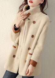 French Beige Peter Pan Collar Pockets Patchwork Faux Fur Coat Fall