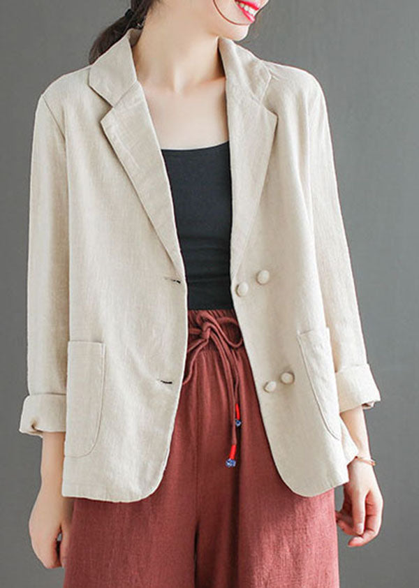 French Beige Peter Pan Collar Pockets Slim Fit Linen Coats Spring