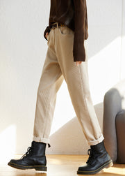 French Beige Pockets High Waist Fleece Pants Winter