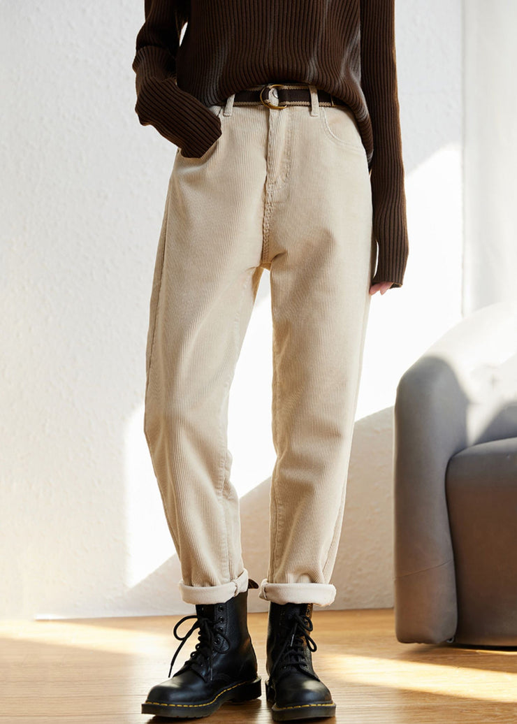 French Beige Pockets High Waist Fleece Pants Winter