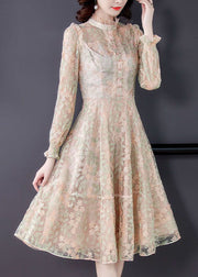 French Beige Stand Collar Embroideried Exra Large Hem Tulle Dresses Spring