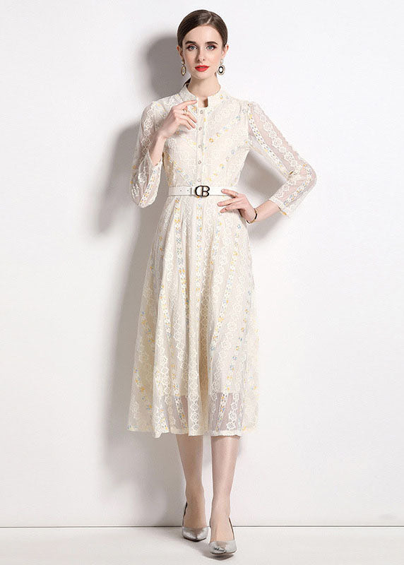 French Beige Stand Collar Embroideried Patchwork Lace Dresses Fall