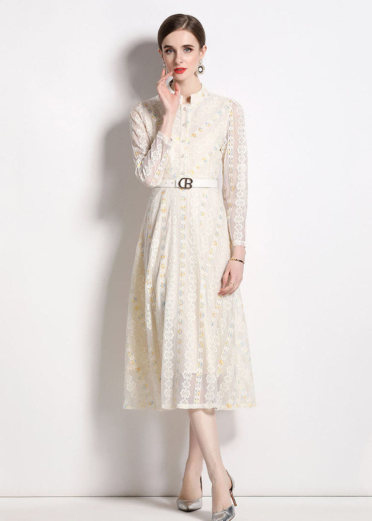 French Beige Stand Collar Embroideried Patchwork Lace Dresses Fall