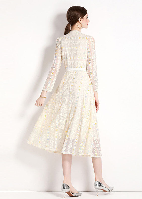 French Beige Stand Collar Embroideried Patchwork Lace Dresses Fall