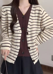 French Beige Striped Knit Fake Two Piece Cardigan Fall