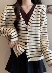 French Beige Striped Knit Fake Two Piece Cardigan Fall