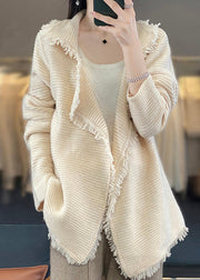 French Beige Tasseled Patchwork Cozy Wool Cardigan Fall