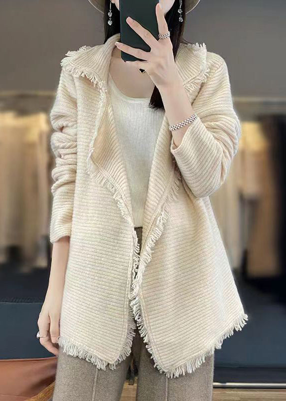 French Beige Tasseled Patchwork Cozy Wool Cardigan Fall