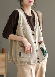 French Beige V Neck Button Pockets Cotton Knit Waistcoat Sleeveless