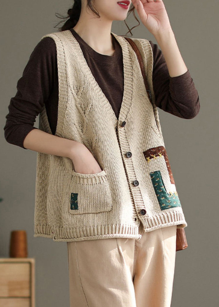 French Beige V Neck Button Pockets Cotton Knit Waistcoat Sleeveless