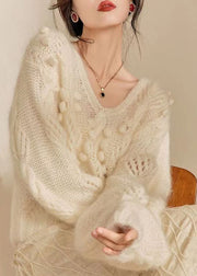 French Beige V Neck Hollow Out Knit Sweater Tops Spring