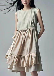 French Beige Wrinkled Lace Up Cotton Dress Sleeveless