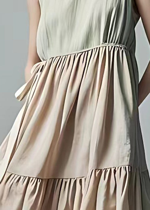French Beige Wrinkled Lace Up Cotton Dress Sleeveless