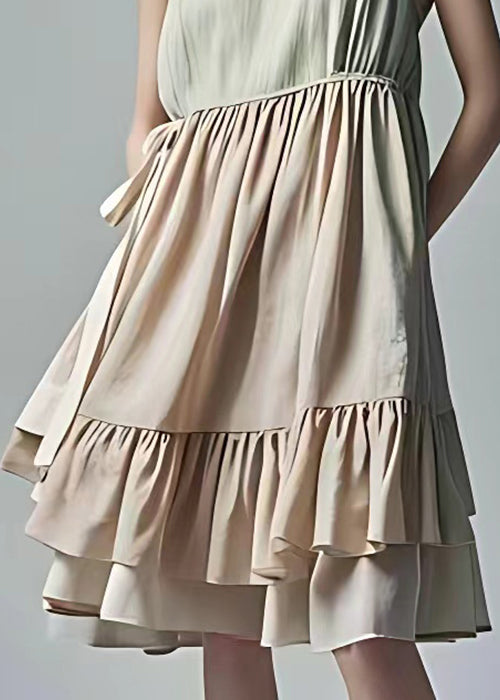 French Beige Wrinkled Lace Up Cotton Dress Sleeveless
