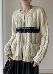 French Beige Zip Up Cozy Knit Sweater Winter