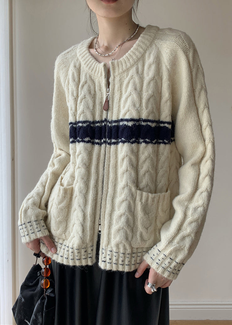 French Beige Zip Up Cozy Knit Sweater Winter