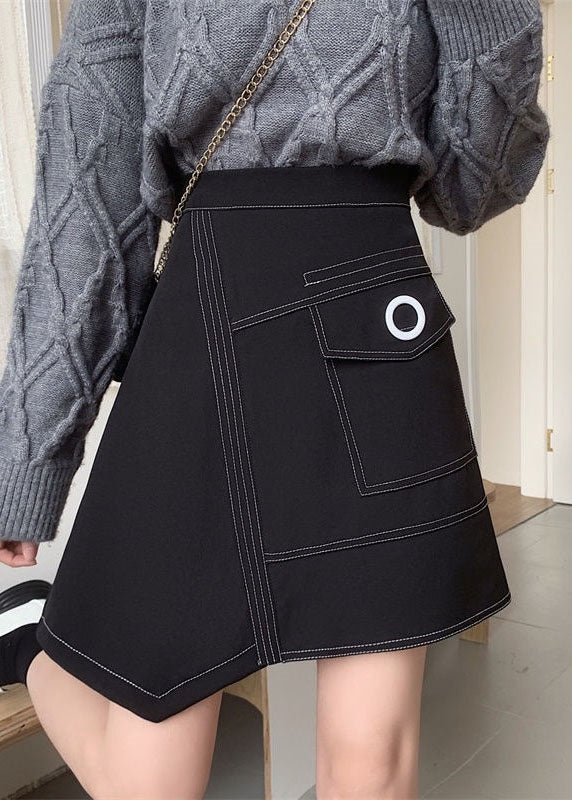 French Black Asymmetrical Design Patchwork Cotton Skirts Spring