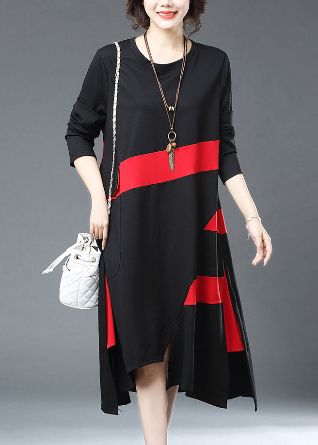 French Black Asymmetrical Design Pockets Patchwork Cotton Long Dress Fall