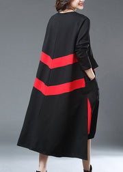 French Black Asymmetrical Design Pockets Patchwork Cotton Long Dress Fall