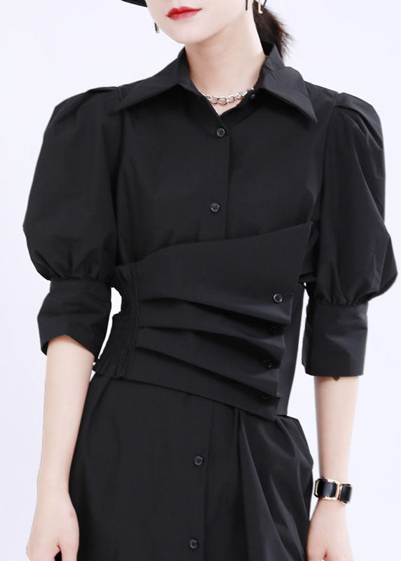 French Black Asymmetrical Design Solid Color Cotton Shirt Dress Lantern Sleeve