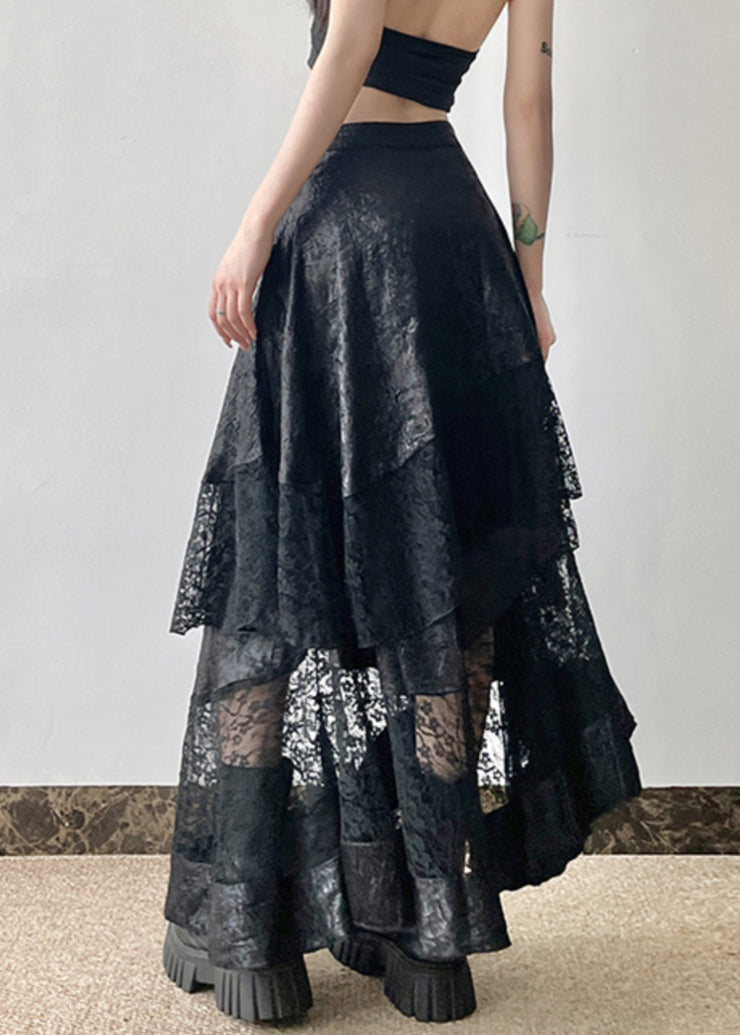 French Black Asymmetrical Lace Patchwork Skirt Summer