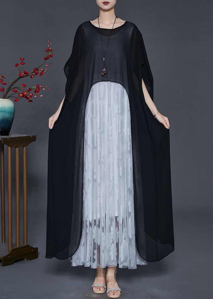 French Black Asymmetrical Oversized Chiffon Long Dress Summer