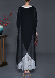 French Black Asymmetrical Oversized Chiffon Long Dress Summer