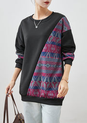 French Black Asymmetrical Patchwork Cotton Pullover Sweatshirt Fall