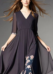 French Black Asymmetrical Patchwork Print Chiffon Robe Dresses Summer