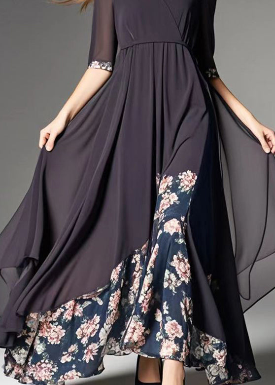 French Black Asymmetrical Patchwork Print Chiffon Robe Dresses Summer