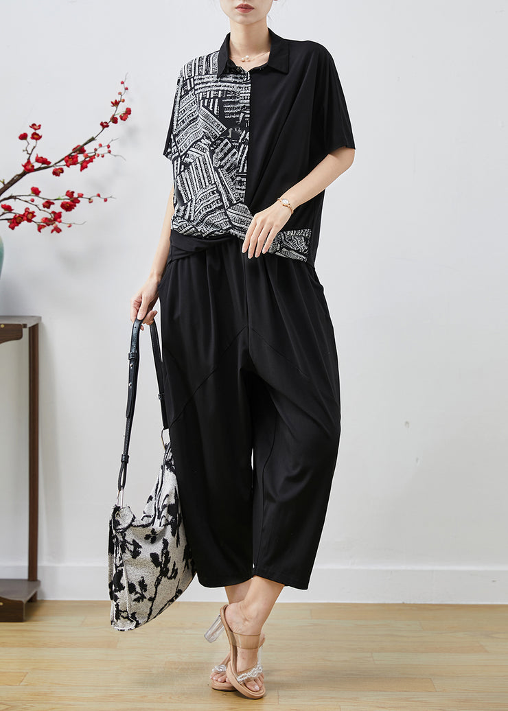 French Black Asymmetrical Patchwork Print Chiffon Two Pieces Set Summer