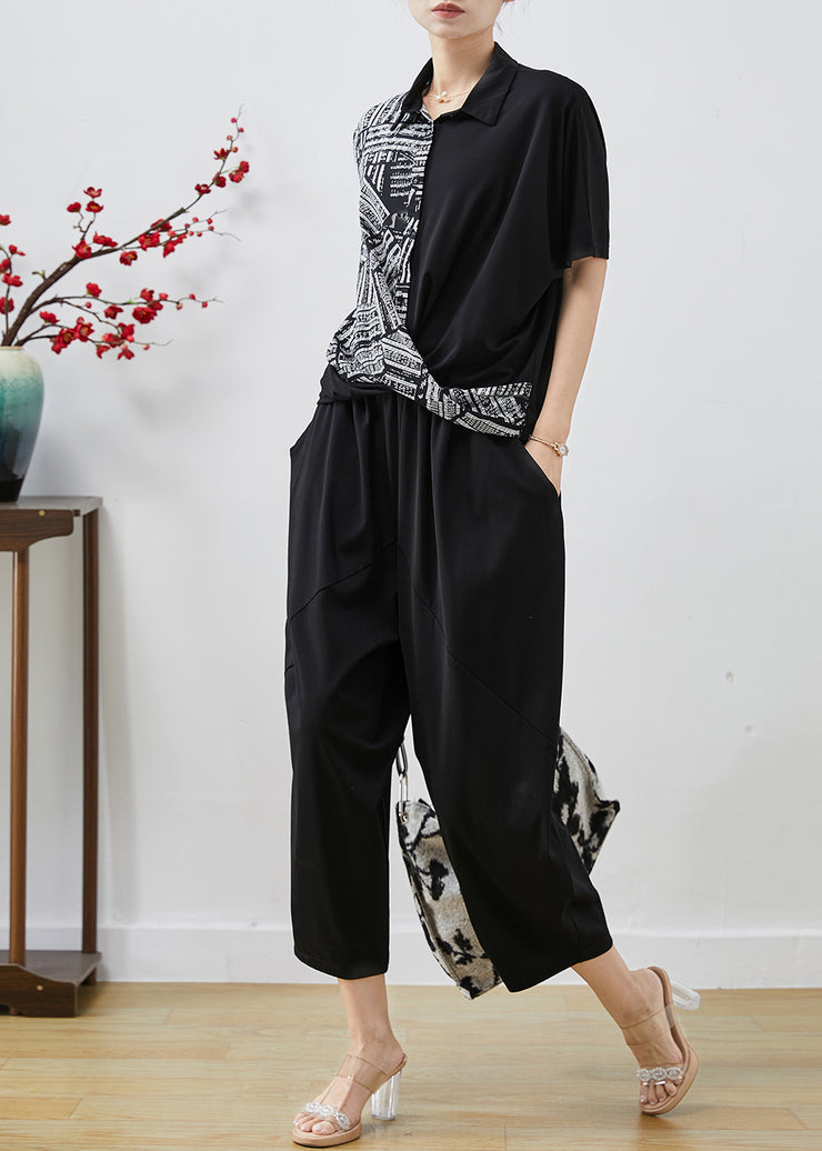 French Black Asymmetrical Patchwork Print Chiffon Two Pieces Set Summer