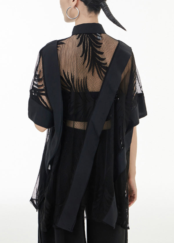 French Black Asymmetrical Patchwork Tulle Top Short Sleeve