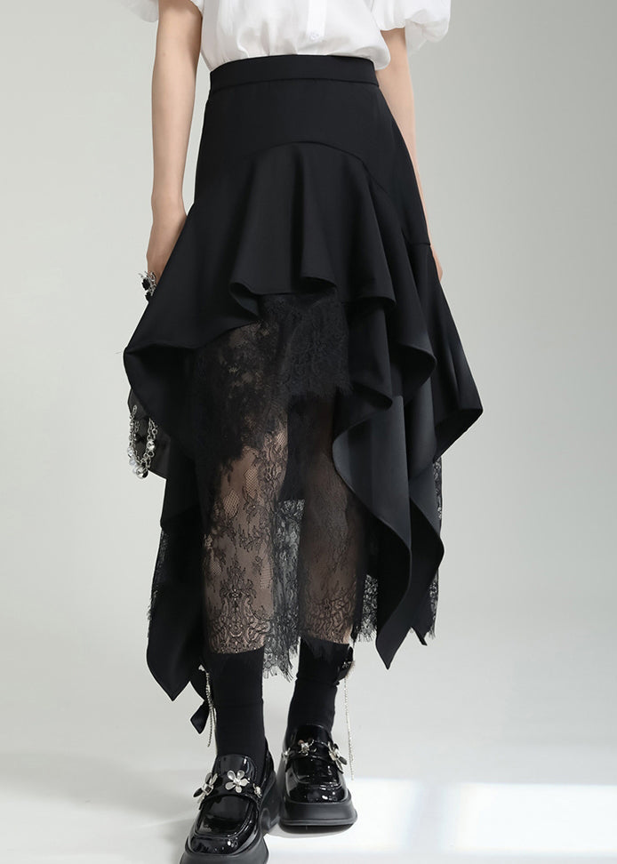 French Black Asymmetrical Ruffled Lace Patchwork Cotton Skirt Fall